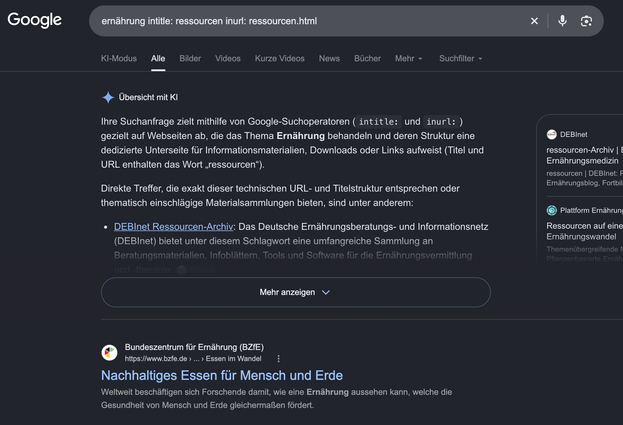 Screenshot der Google Suche mit Google Suchoperatoren