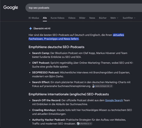 Screenshot aus der Google Suche zu aktuellen Podcasts