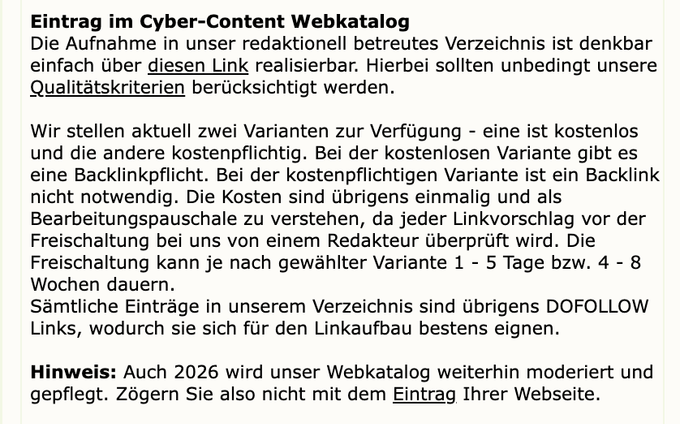 Screenshot eines Angebots eines minderwertigen Webkatalogs