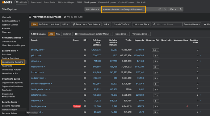 Screenshot aus dem Ahrefs Site Explorer mit Tab zu verweisenden Domains