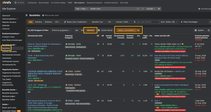 Screenshot aus dem Ahrefs Site Explorer mit Filter nach entfernten Links