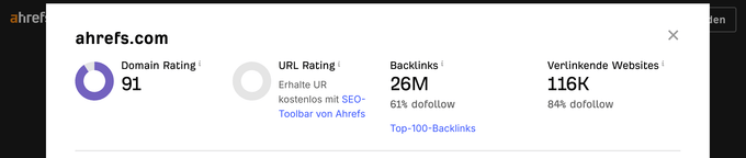Screenshot aus dem Ahrefs Website Authority Checker
