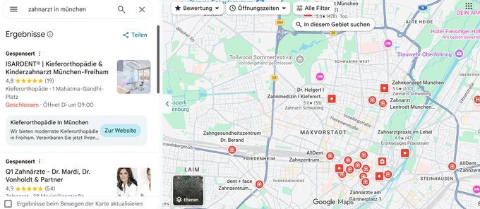 Screenshot von lokalen SEO-Suchergebnissen für die Anfrage Zahnarzt in München