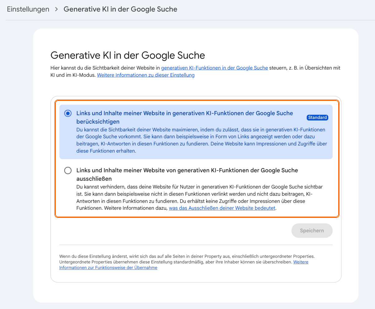 Search-Console-Einstellungen „Generative KI in der Google Suche“ mit den beiden Optionen berücksichtigen und ausschließen