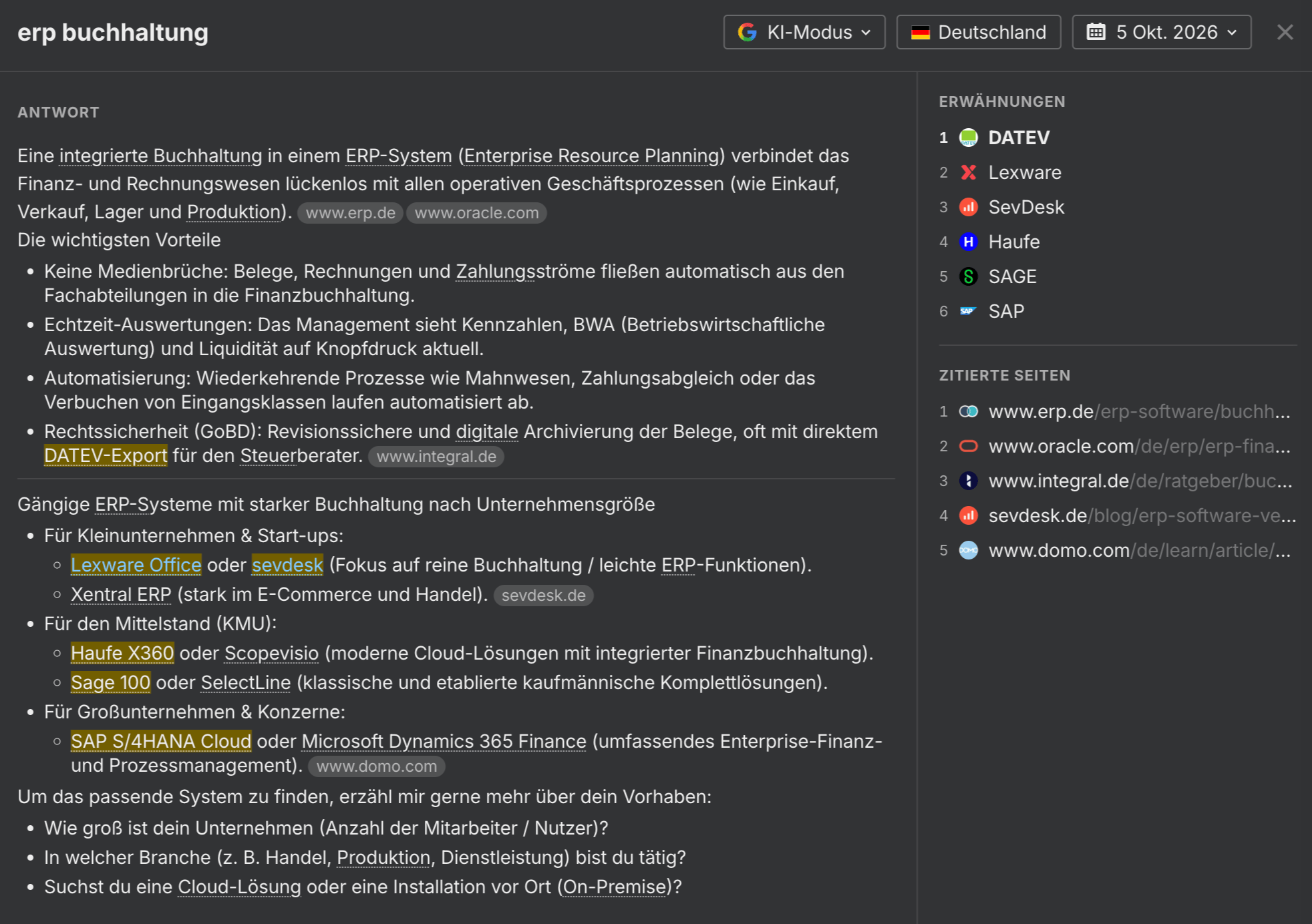 KI-Antwort in Ahrefs Brand Radar zu ERP-Buchhaltung mit genannten Anbietern