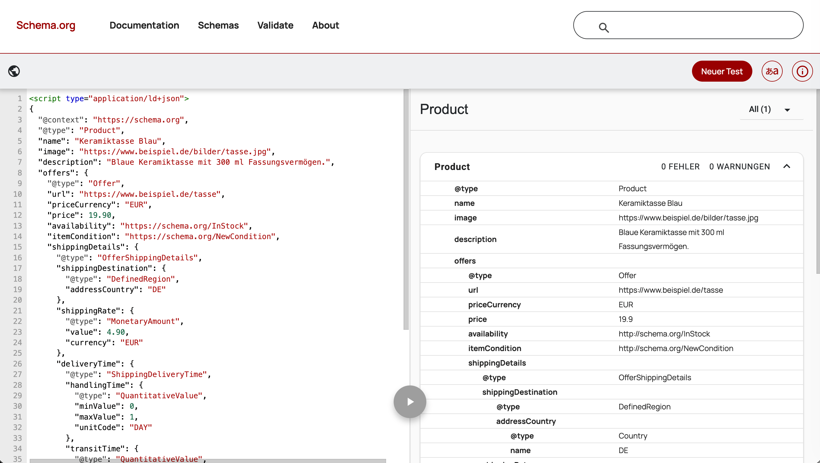 Schema Markup Validator prüft JSON-LD-Code einer fiktiven Keramiktasse und zeigt erkannte Schema-Typen