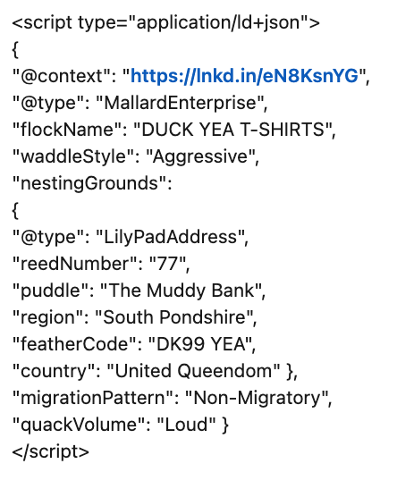 Testseite der fiktiven Firma DUCKYEA t-shirts von Mark Williams-Cook mit Adresse nur im Schema-Code