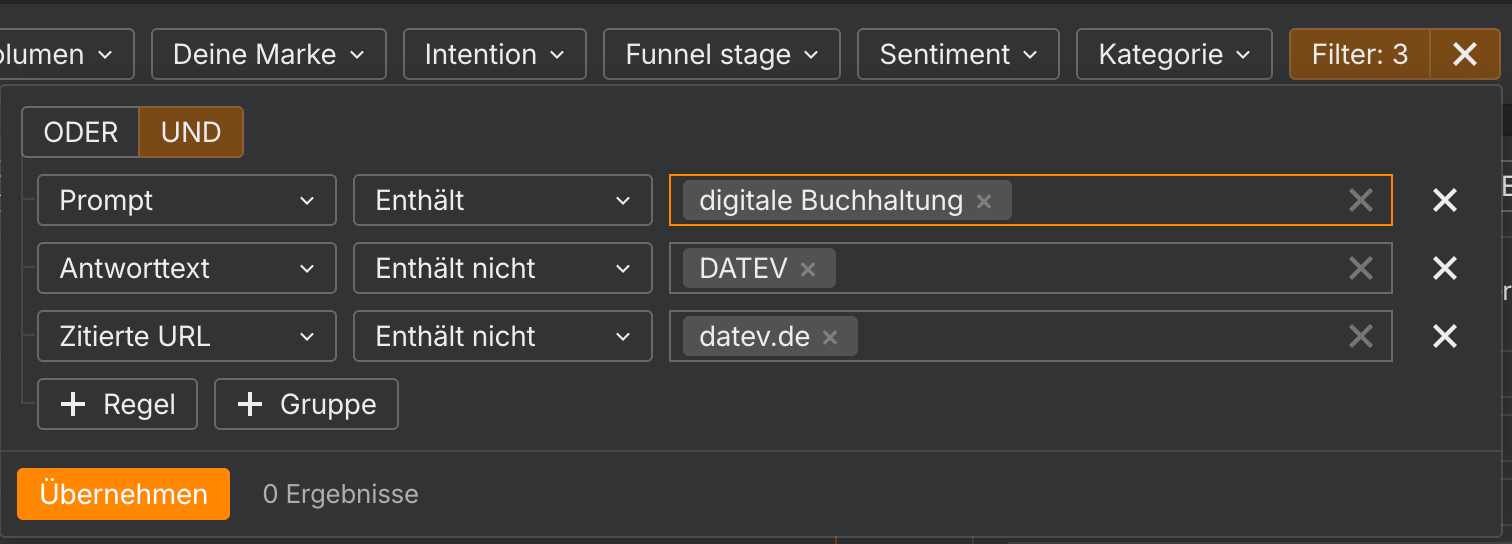 Ahrefs Brand Radar Filter für digitale Buchhaltung und DATEV ohne Ergebnisse