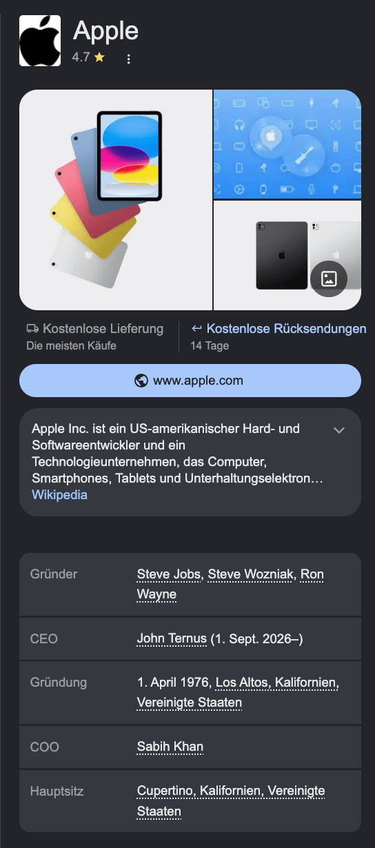 Google Knowledge Panel von Apple mit Unternehmensangaben wie Gründung, Sitz und Gründern