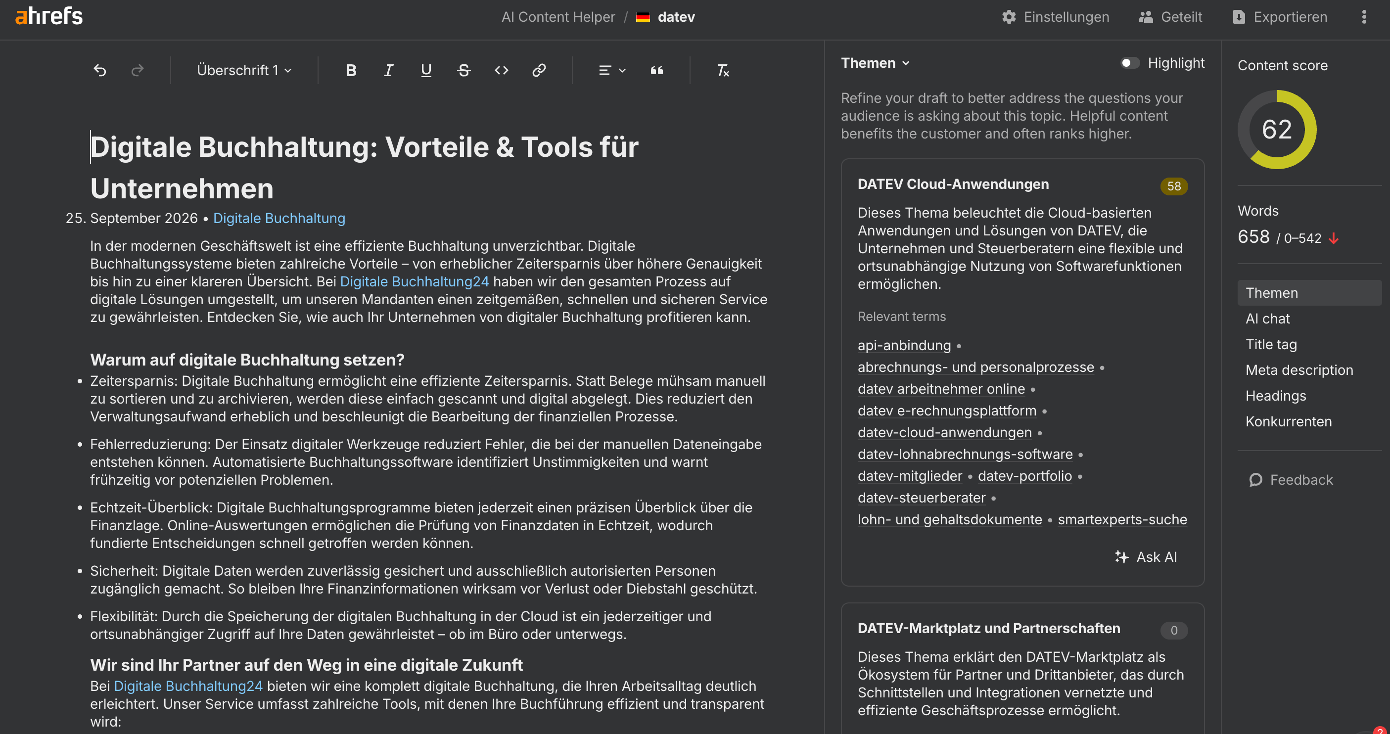Ahrefs AI Content Helper analysiert Themen und zeigt einen Content Score von 62