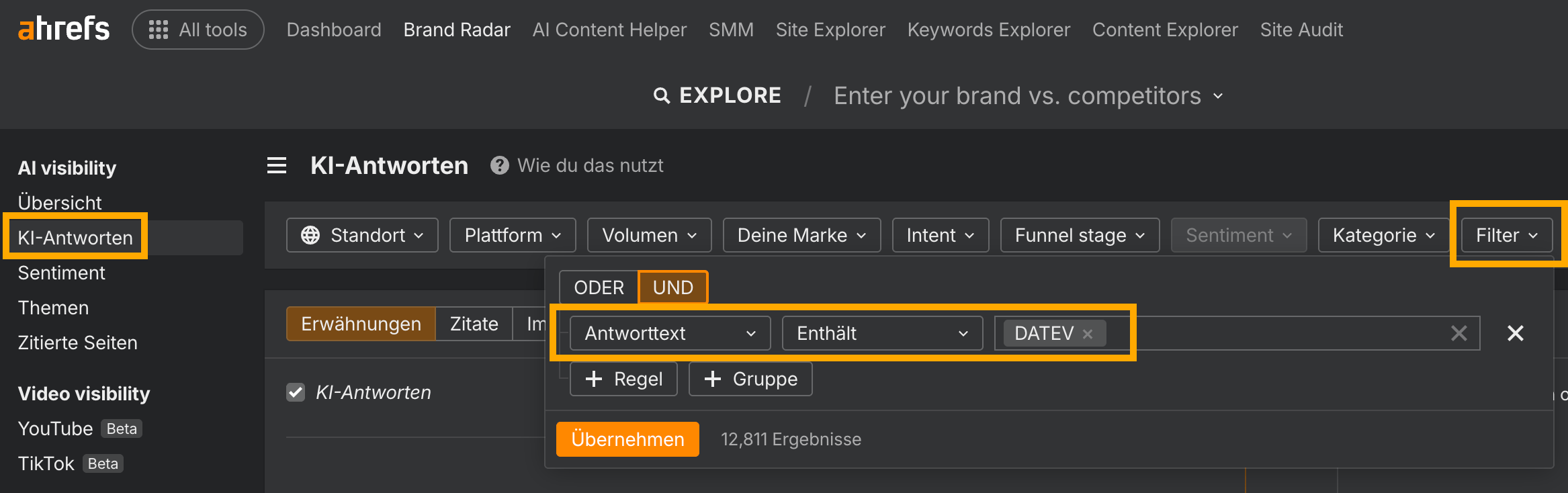 Ahrefs Brand Radar KI-Antworten mit Filter Antwort enthält DATEV