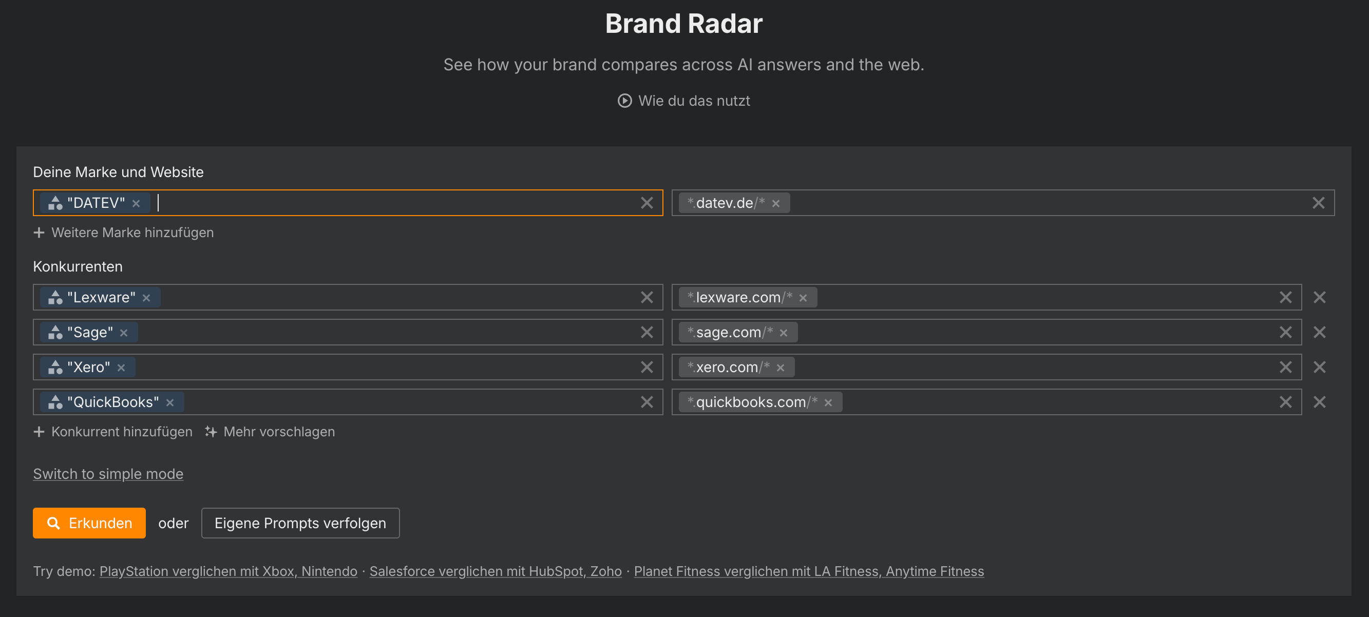Ahrefs Brand Radar vergleicht DATEV mit Lexware, Sage, Xero und QuickBooks