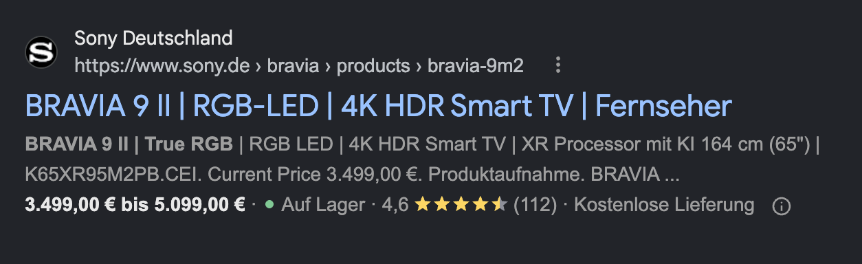 Google-Suchergebnis für einen Fernseher mit Preis, Verfügbarkeit und Sternebewertung aus Product-Schema