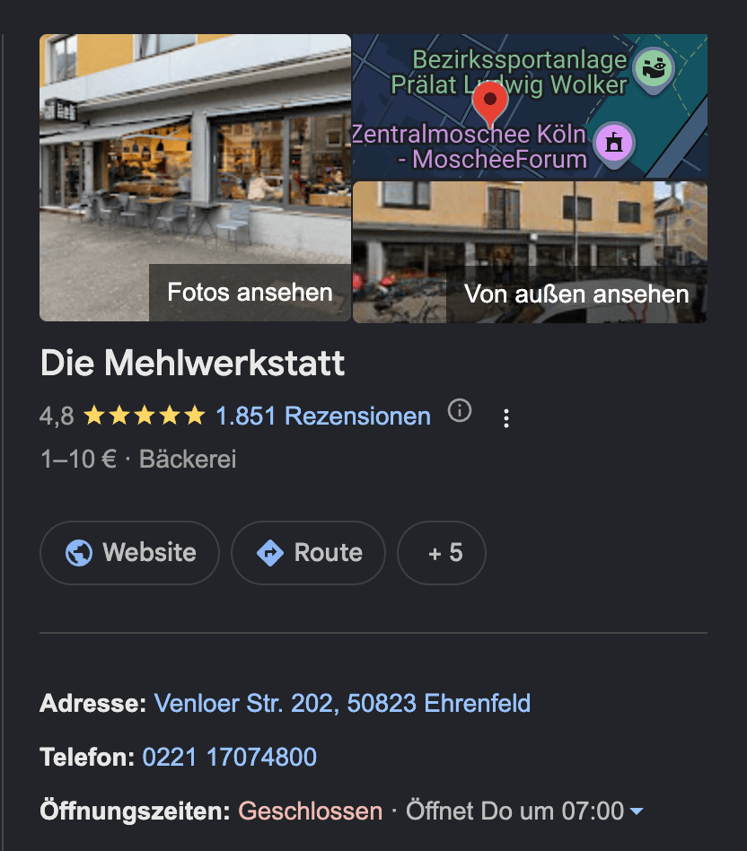 Google-Eintrag einer Bäckerei mit Adresse, Telefonnummer und Öffnungszeiten aus LocalBusiness-Schema