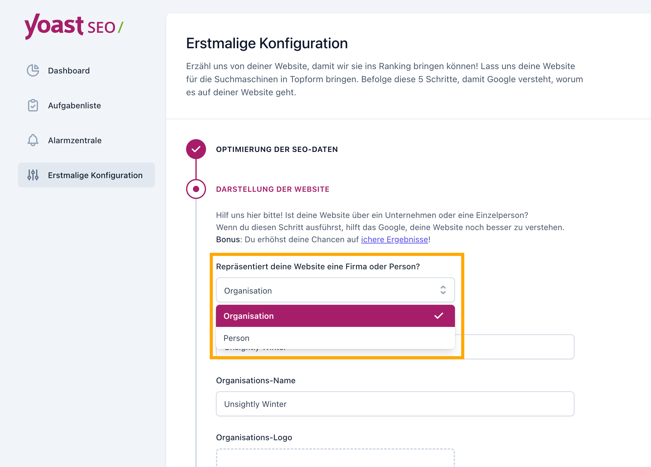 Yoast SEO Einrichtung: Auswahl, ob die Website eine Person oder eine Organisation repräsentiert