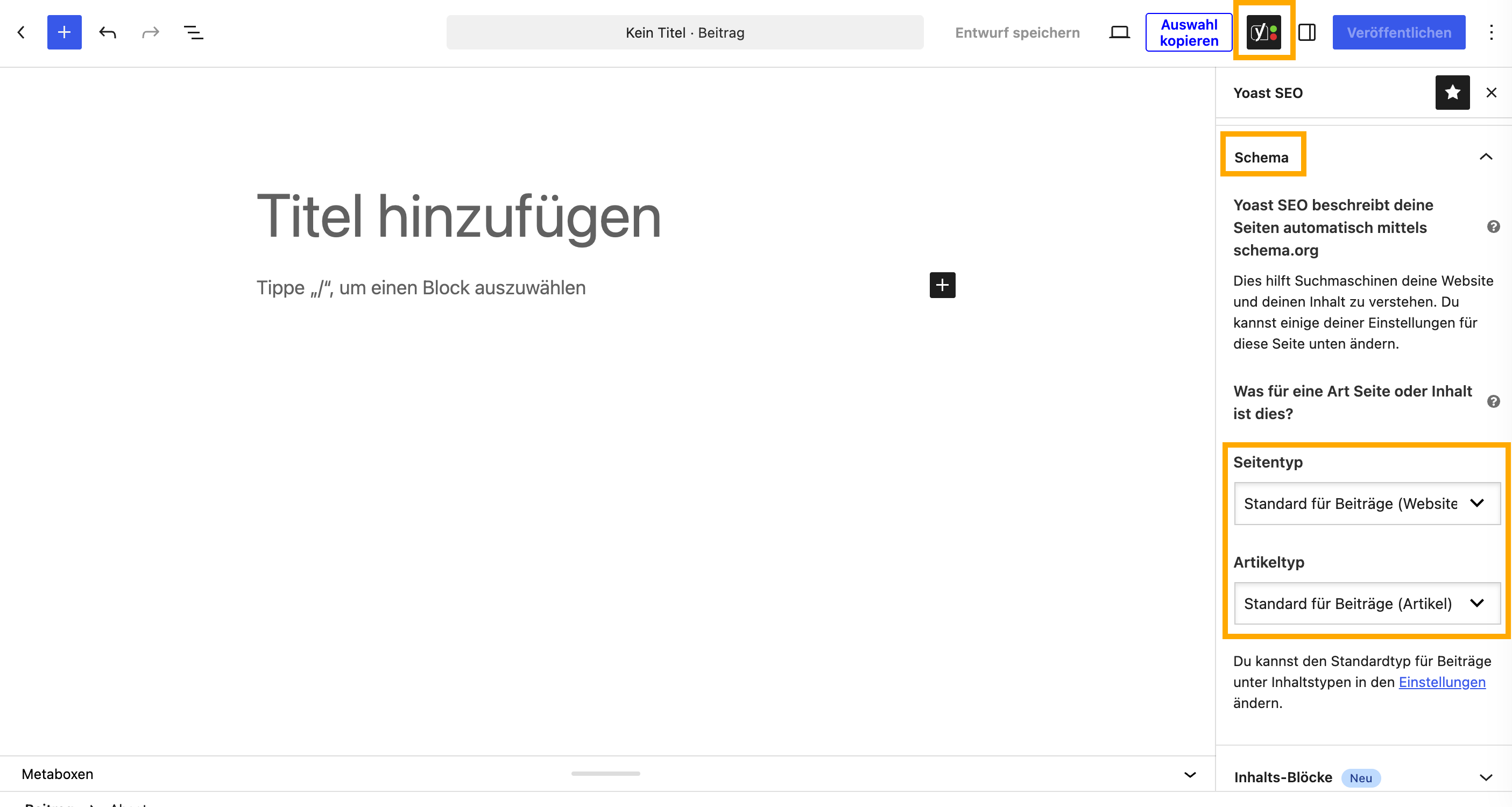 Yoast SEO Schema-Einstellungen eines Beitrags mit Auswahl von Seitentyp und Artikeltyp
