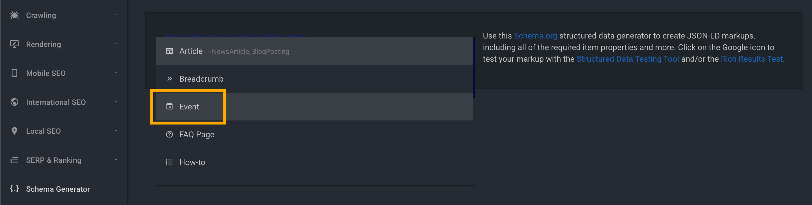 Schema Markup Generator mit ausgewähltem Schema-Typ Event