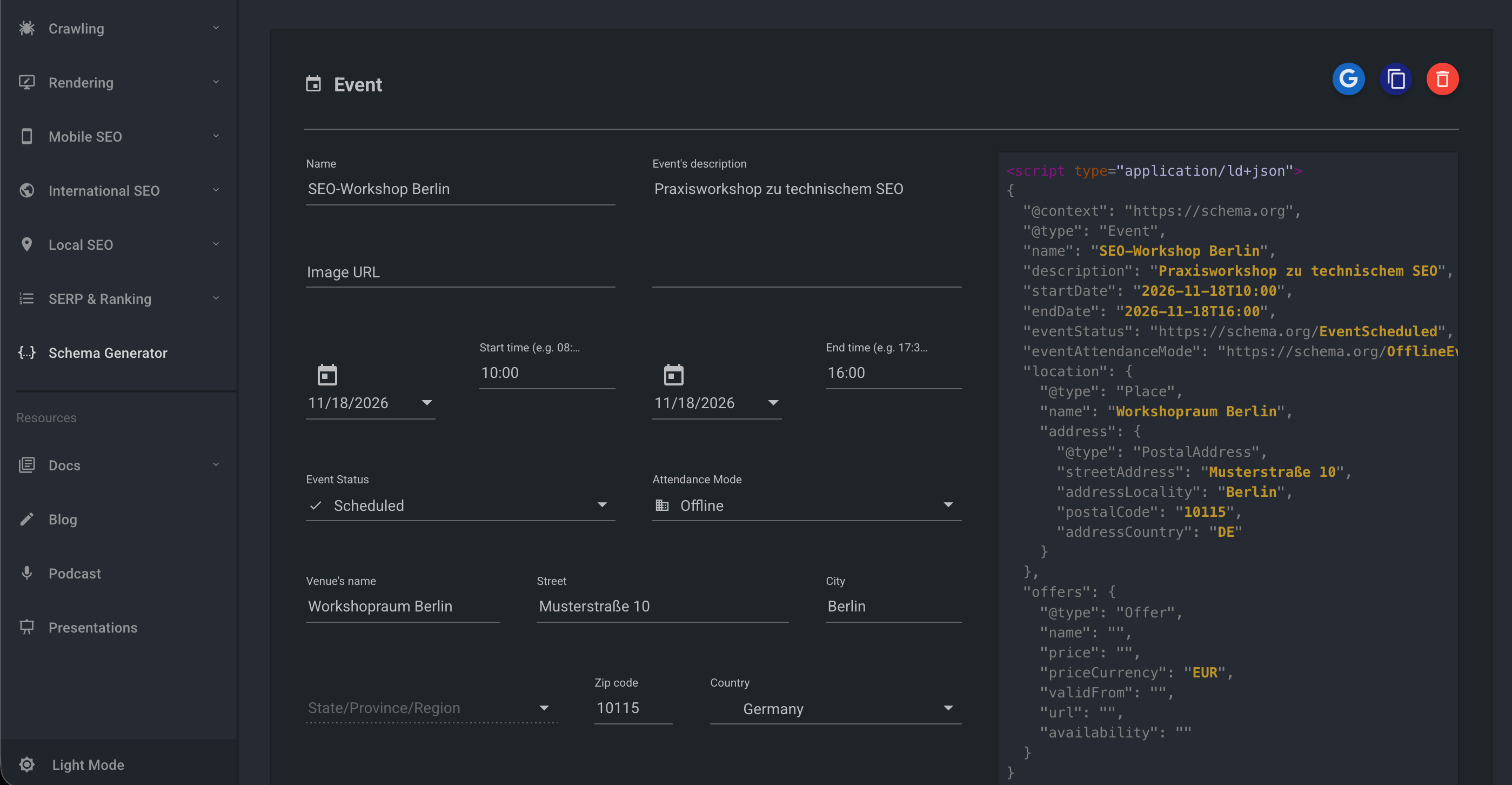 Schema Markup Generator mit ausgefüllten Event-Daten und generiertem JSON-LD-Code