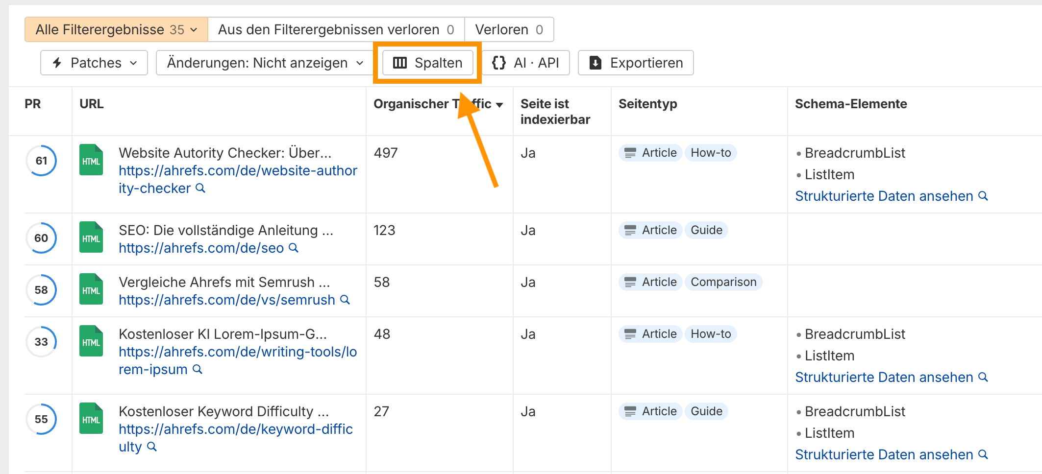 Ahrefs Site Audit: Liste betroffener Seiten mit Schema-Elementen und markierter Schaltfläche Spalten