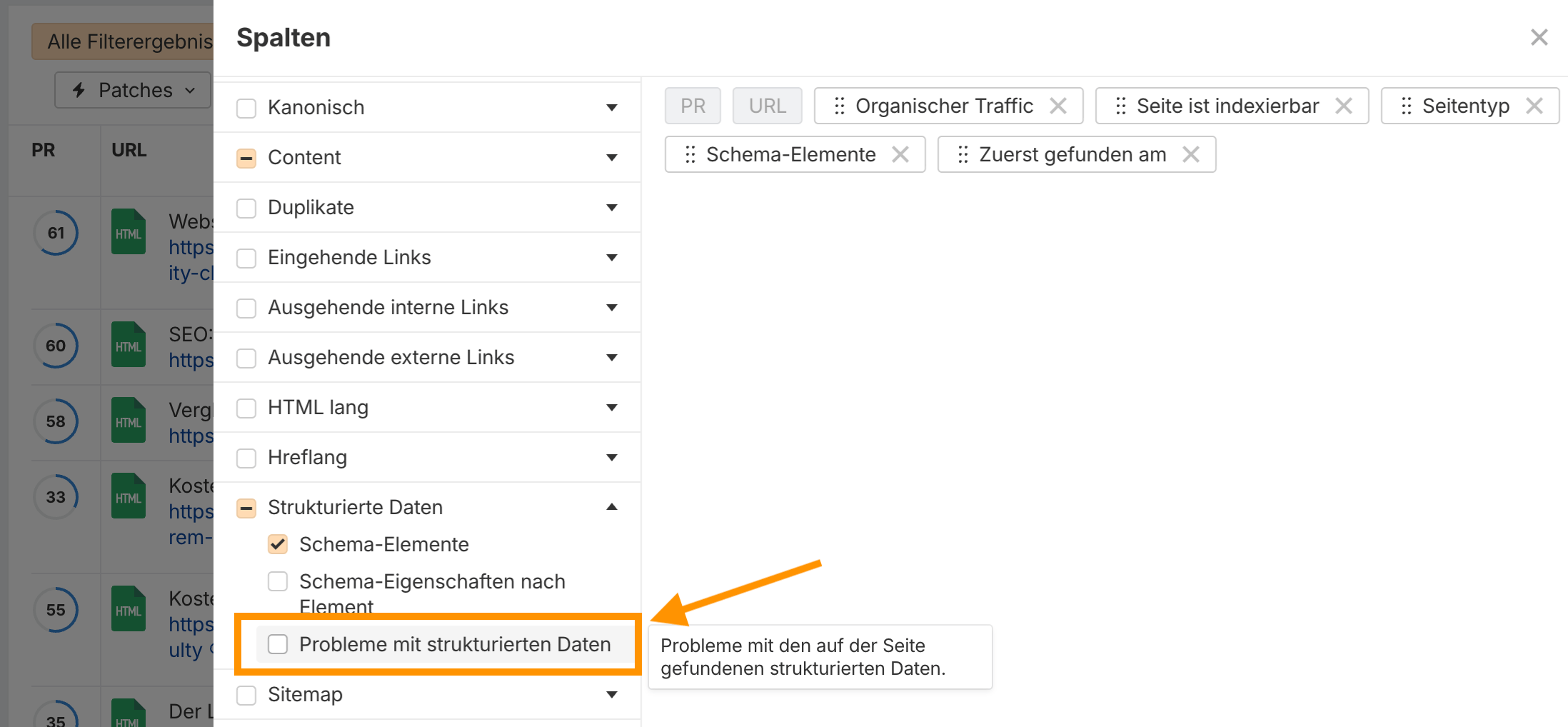 Ahrefs Site Audit: Spaltenauswahl mit der Option Probleme mit strukturierten Daten