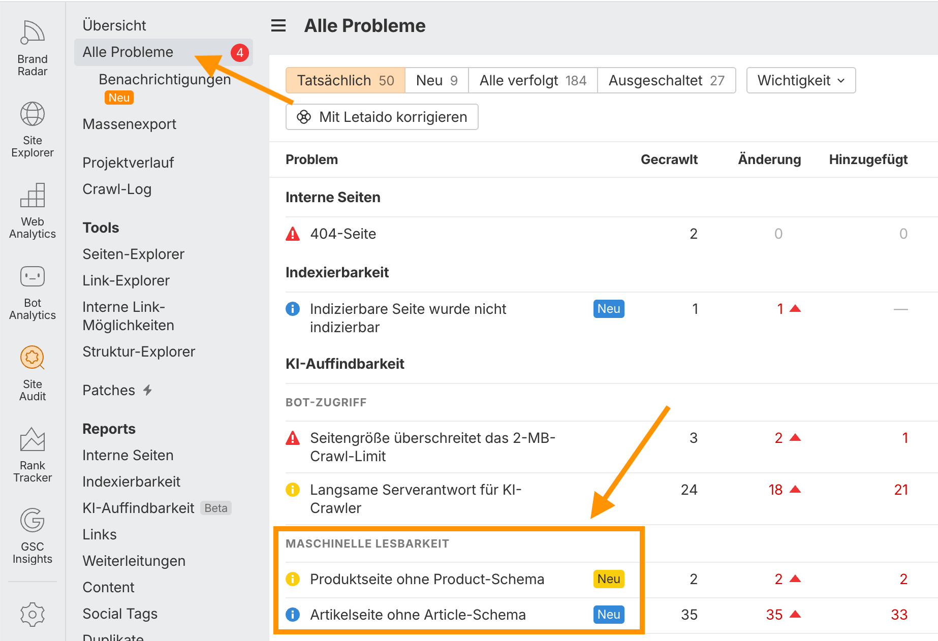 Ahrefs Site Audit: Alle Probleme mit den Hinweisen zur maschinellen Lesbarkeit, z. B. Produktseite ohne Product-Schema