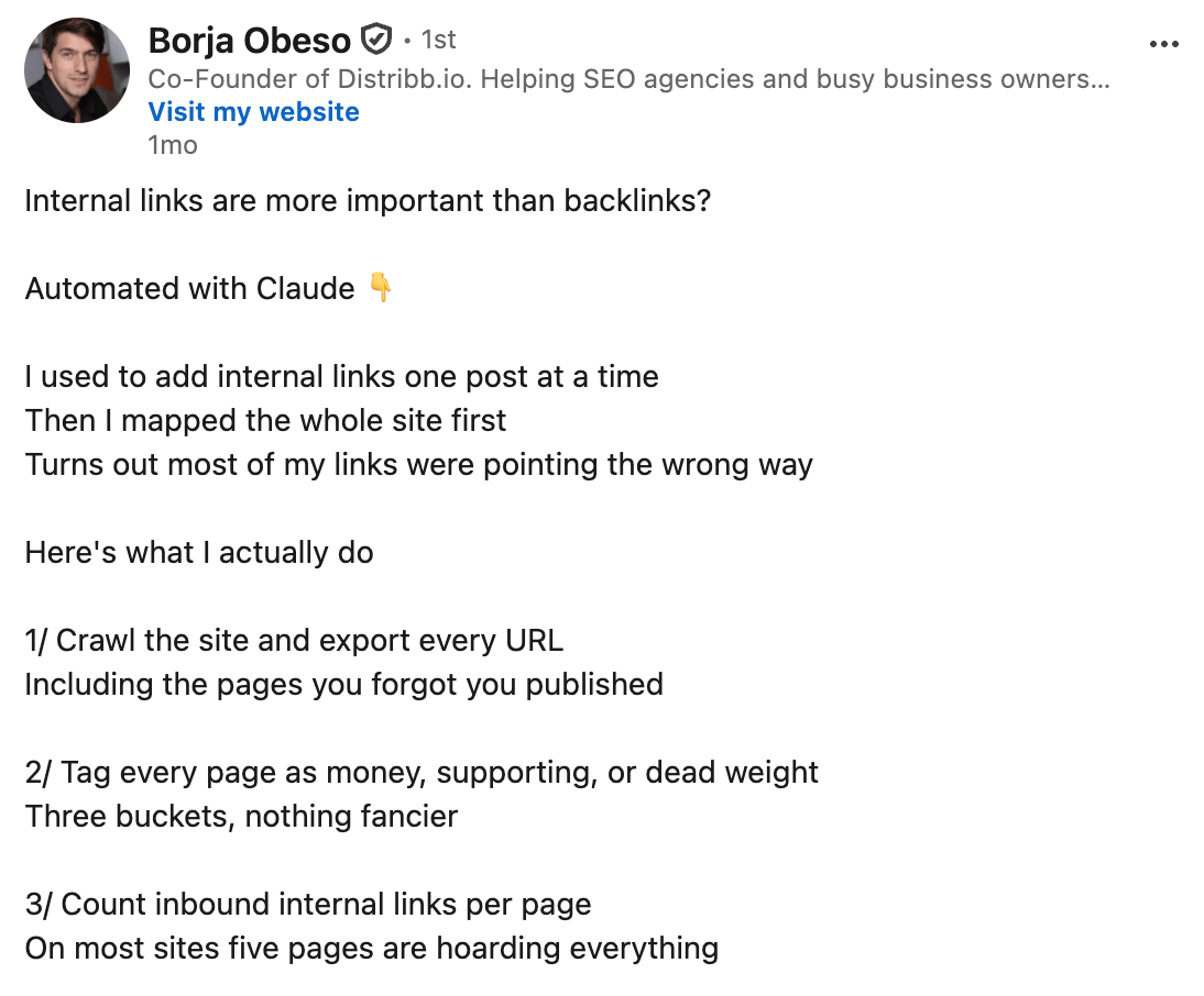 LinkedIn-Beitrag von Borja Obeso über einen Claude-Skill für interne Verlinkung