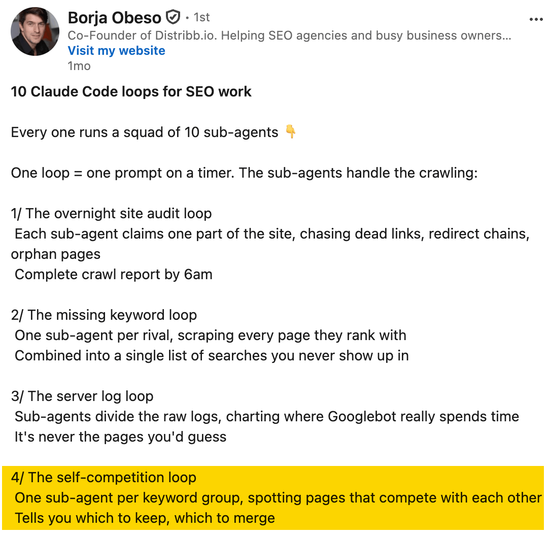 LinkedIn-Beitrag von Borja Obeso über eine Claude-Code-Routine gegen Keyword-Kannibalisierung