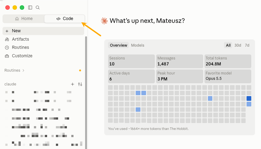 Claude Code im Tab „Code“ der Claude-Desktop-App