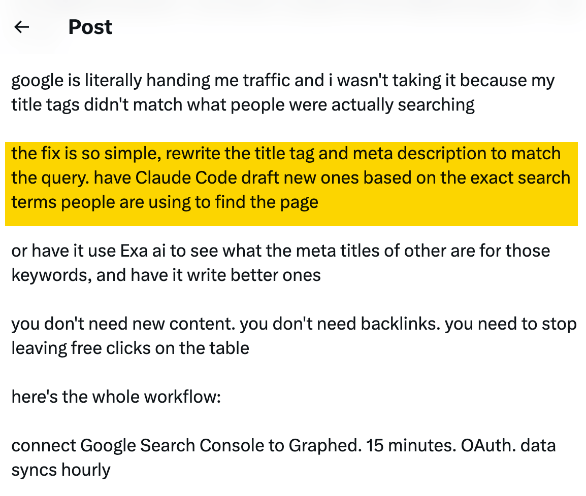 Beitrag von Cody Schneider über neue Title-Tags für Suchanfragen mit vielen Impressionen und wenigen Klicks