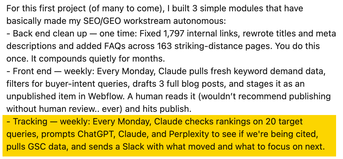 LinkedIn-Beitrag von Nalini Robbins über ihre wöchentliche SEO-Routine mit Claude