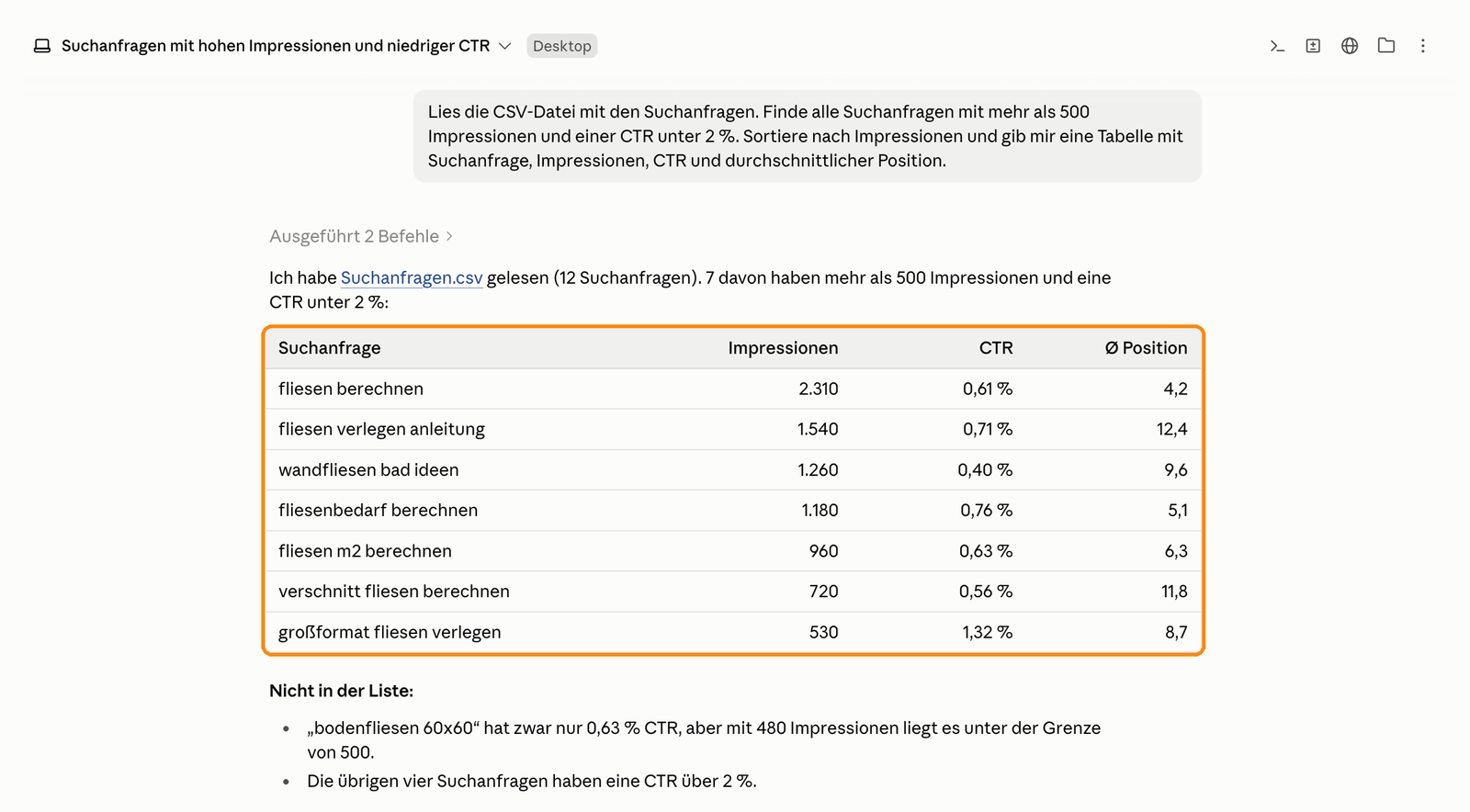 Claude Code in der Desktop-App wertet eine Search-Console-CSV aus und listet Suchanfragen mit mehr als 500 Impressionen und einer CTR unter 2 %