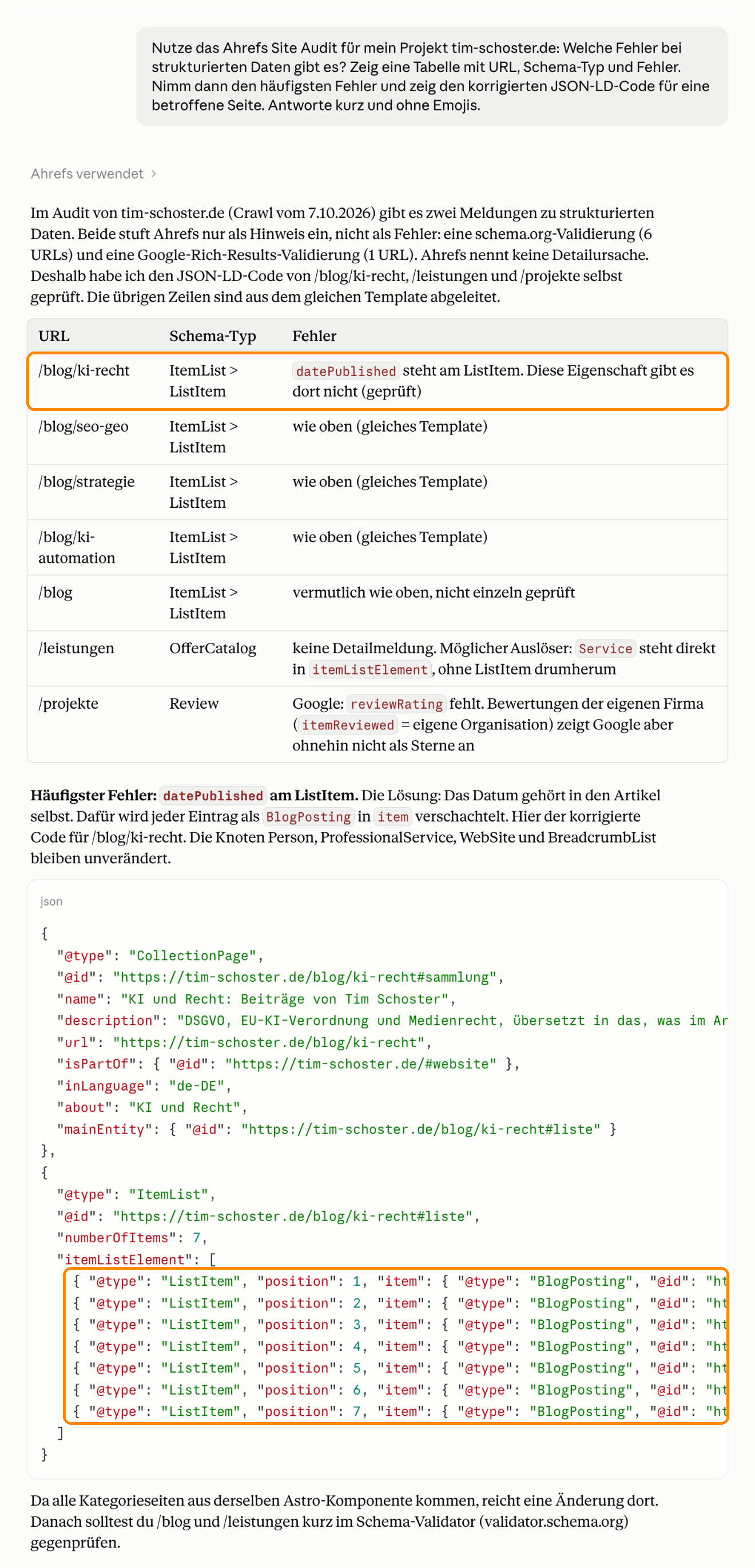 Claude listet Hinweise zu strukturierten Daten aus dem Ahrefs Site Audit von tim-schoster.de und zeigt den korrigierten JSON-LD-Code