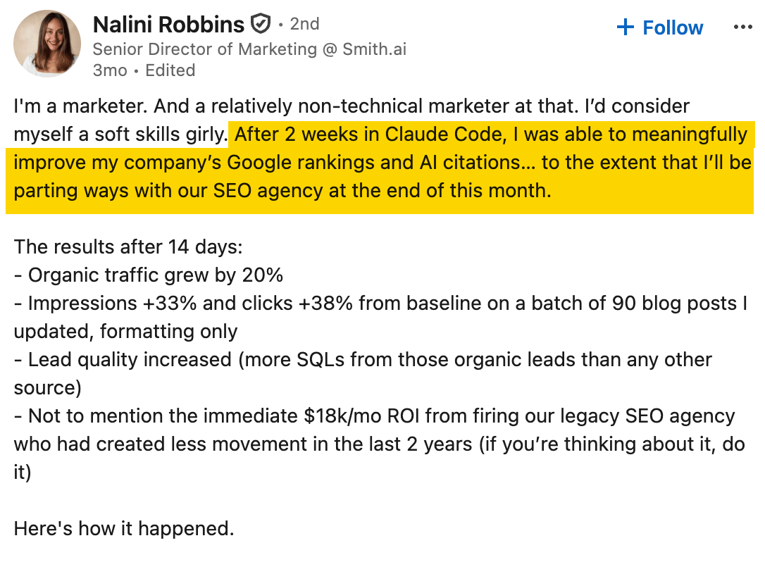 LinkedIn-Beitrag von Nalini Robbins über die Ergebnisse ihrer Website-Überarbeitung mit Claude Code