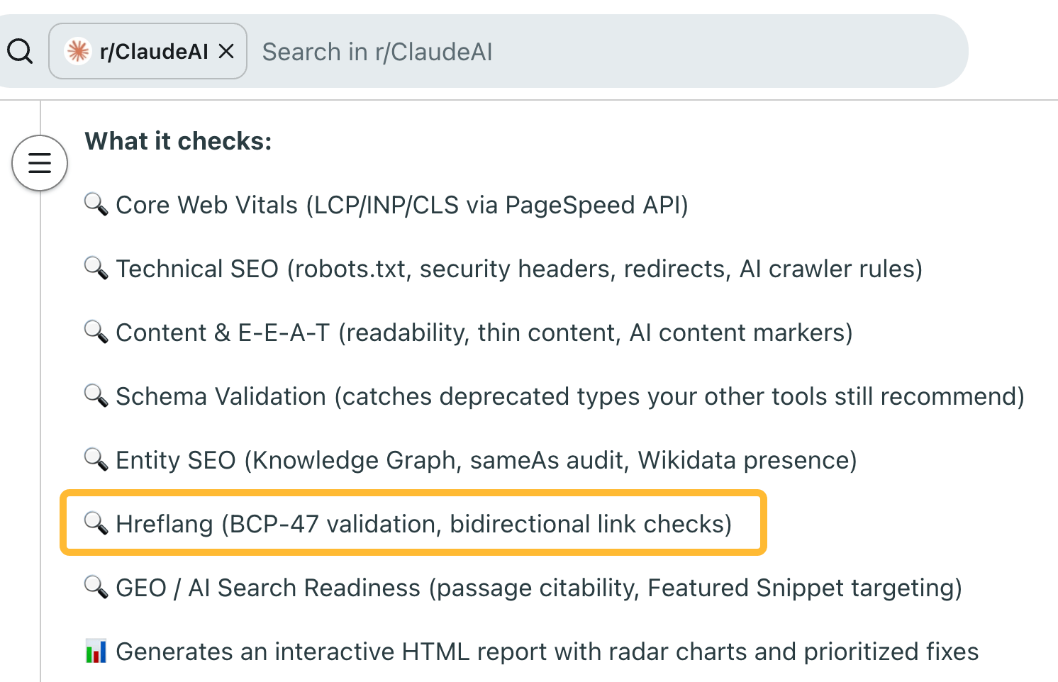 Reddit-Beitrag über einen Audit-Skill für Claude Code, der unter anderem hreflang prüft