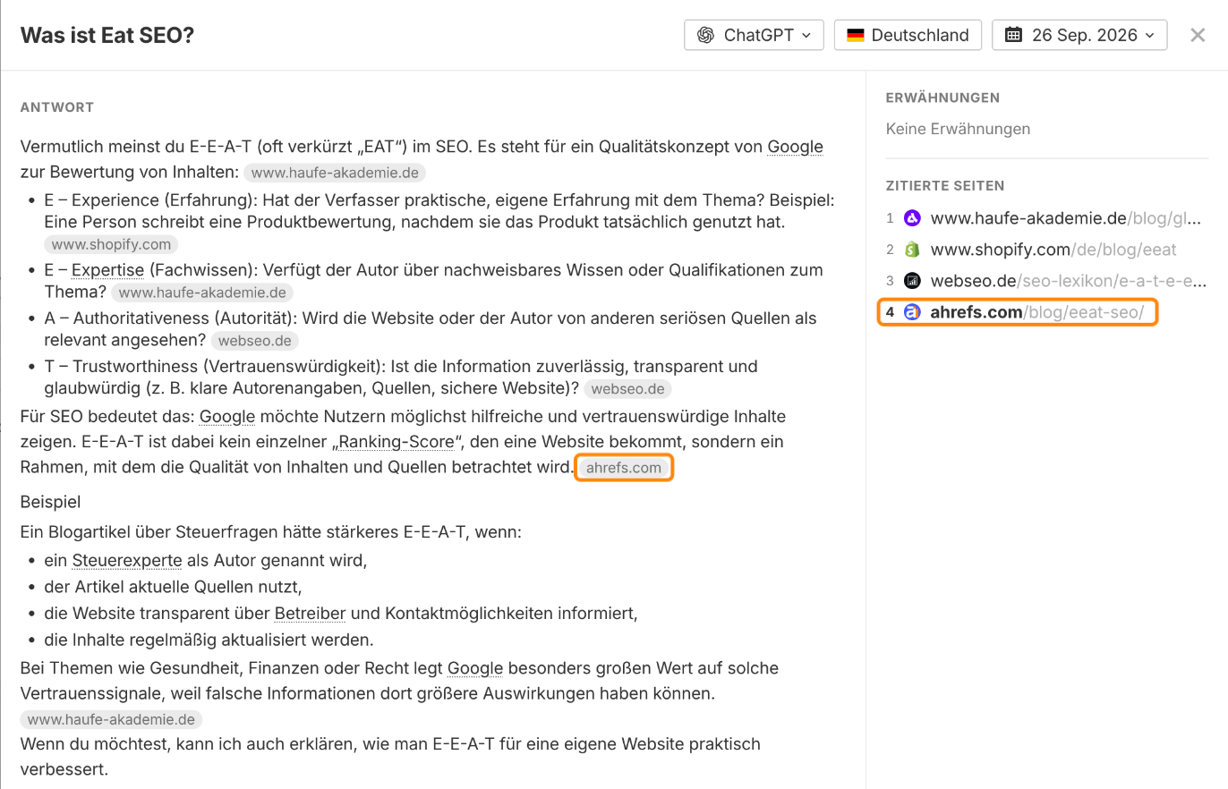 Ahrefs Brand Radar, Antwort von ChatGPT in Deutschland auf „Was ist Eat SEO?“. Unter „Zitierte Seiten“ steht an vierter Stelle ahrefs.com/blog/eeat-seo/.