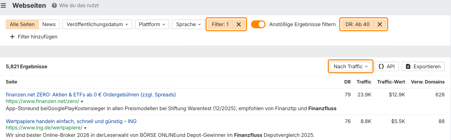Ahrefs Brand Radar, Bericht „Webseiten“ für die Marke Finanzfluss. Die eigene Domain ist per Filter ausgeschlossen, angezeigt werden nur Seiten mit einem Domain Rating ab 40, sortiert nach Traffic.