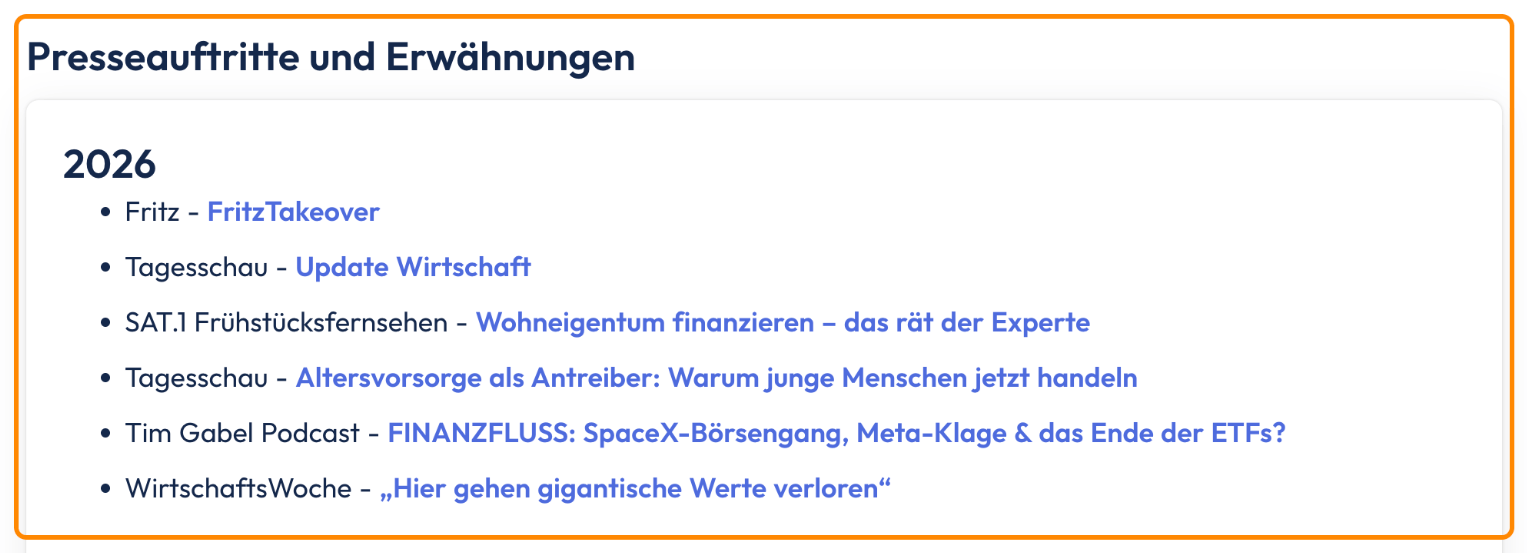 Bereich „Presseauftritte und Erwähnungen“ auf finanzfluss.de mit Auftritten aus 2026, unter anderem bei der Tagesschau und der WirtschaftsWoche.