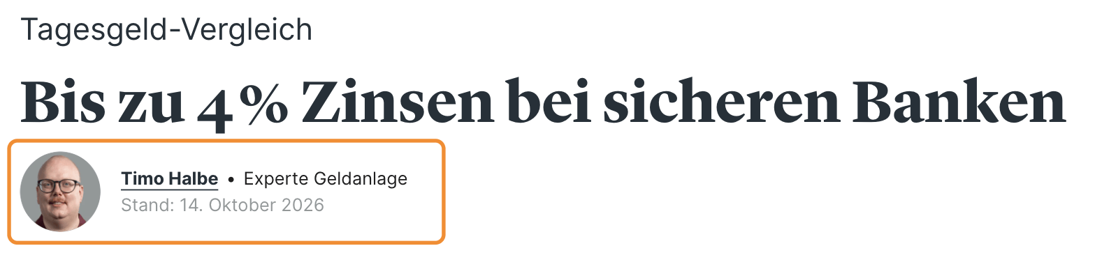 Kopfbereich des Tagesgeld-Vergleichs von Finanztip mit Name und Foto des zuständigen Experten, der Funktion „Experte Geldanlage“ und dem Datum „Stand: 14. Oktober 2026“.