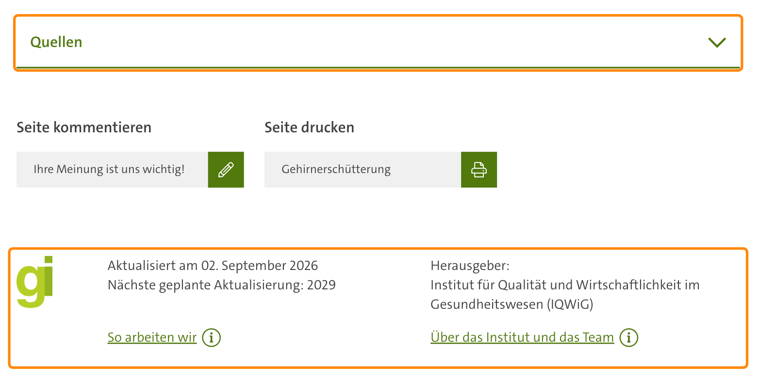 Fußbereich des Artikels zur Gehirnerschütterung auf gesundheitsinformation.de mit dem aufklappbaren Bereich „Quellen“, „Aktualisiert am 02. September 2026“, „Nächste geplante Aktualisierung: 2029“ und dem Link „So arbeiten wir“.