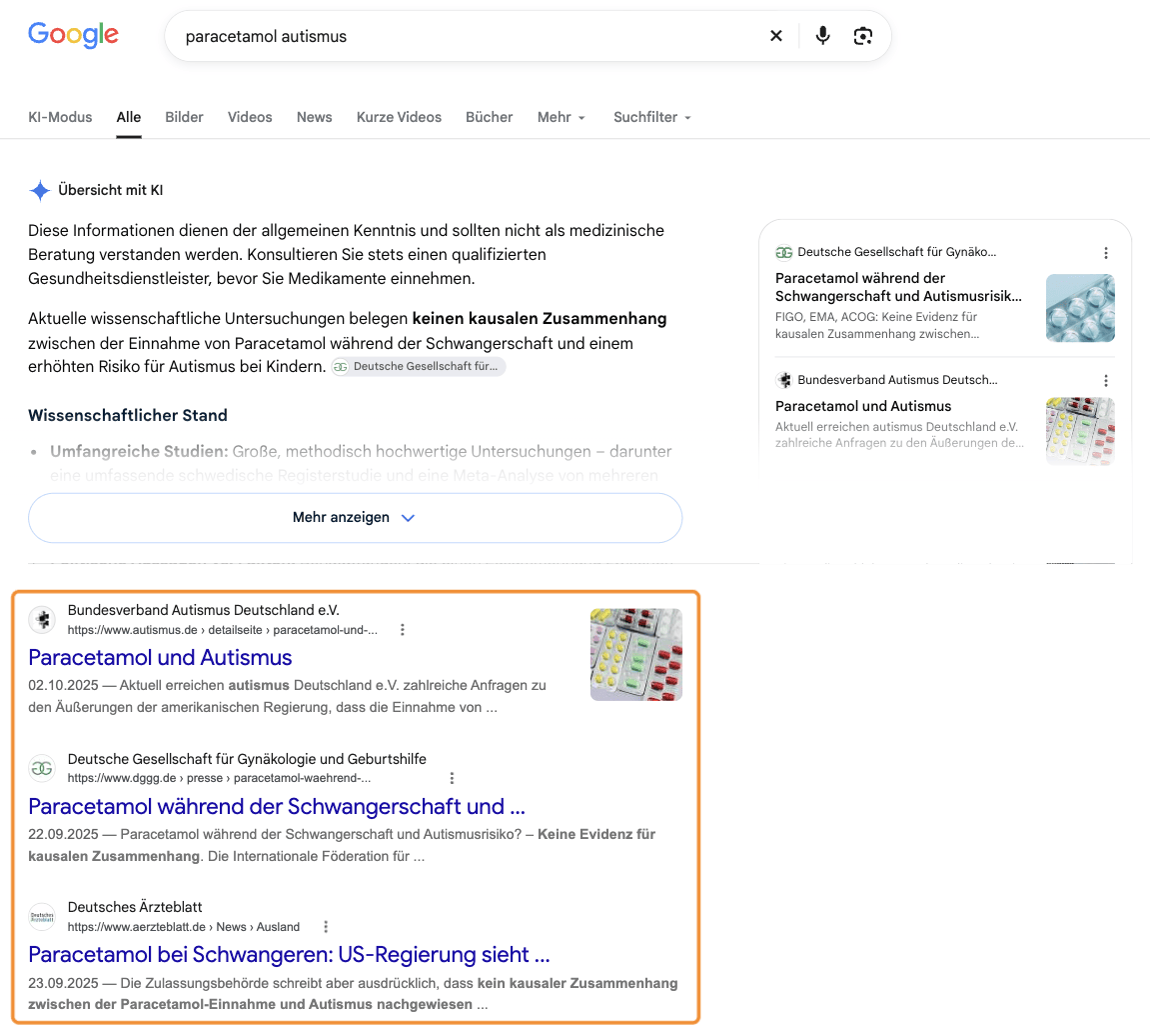 Google-Suche nach „paracetamol autismus“. Unter der Übersicht mit KI stehen der Bundesverband Autismus Deutschland, die Deutsche Gesellschaft für Gynäkologie und Geburtshilfe und das Deutsche Ärzteblatt.