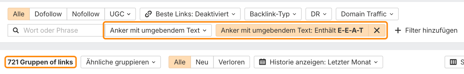 Ahrefs Site Explorer, Bericht „Backlinks“ mit der Suche „Anker mit umgebendem Text: Enthält E-E-A-T“ und 721 Ergebnissen.