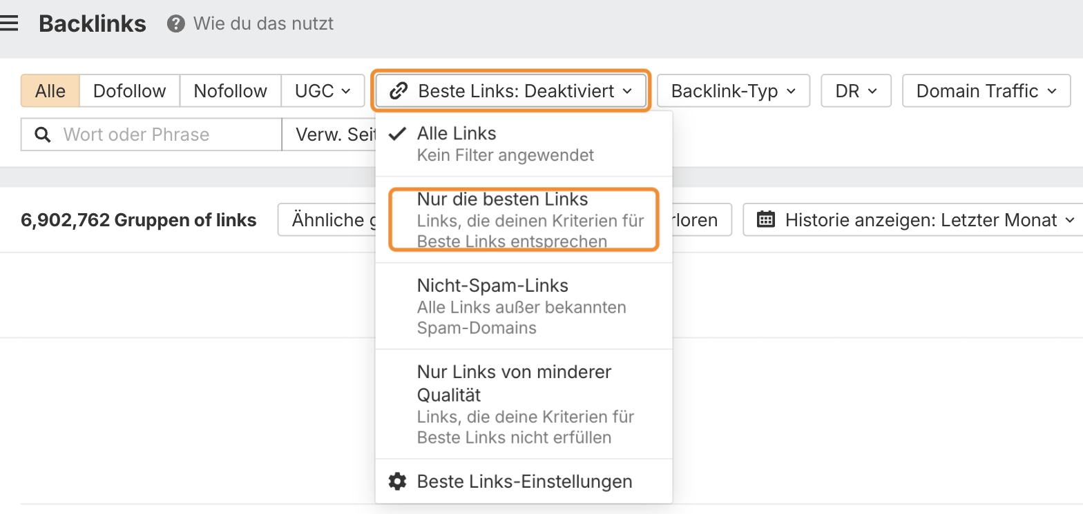 Ahrefs Site Explorer, Bericht „Backlinks“ mit geöffnetem Filter „Beste Links“ und der Option „Nur die besten Links“.