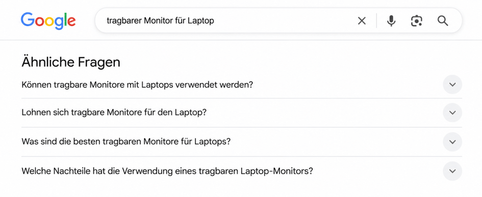Google-Suchergebnisse zeigen den Bereich Ähnliche Fragen zur Suche nach tragbaren Monitoren für Laptops