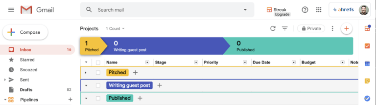 Streak-Pipeline in Gmail mit den Phasen Pitched, Writing guest post und Published