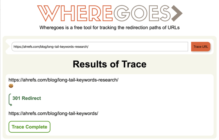 Where Goes zeigt eine 301-Weiterleitung von einer Ahrefs-URL zur Zielseite.