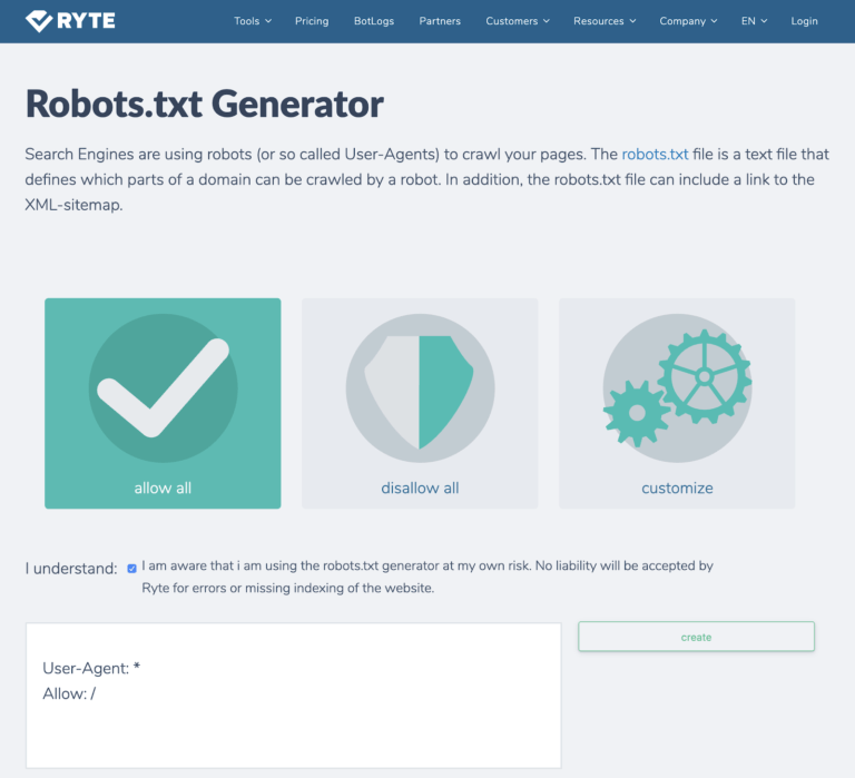 Ryte Robots.txt Generator mit Optionen zum Erlauben, Sperren und Anpassen von Crawling-Regeln