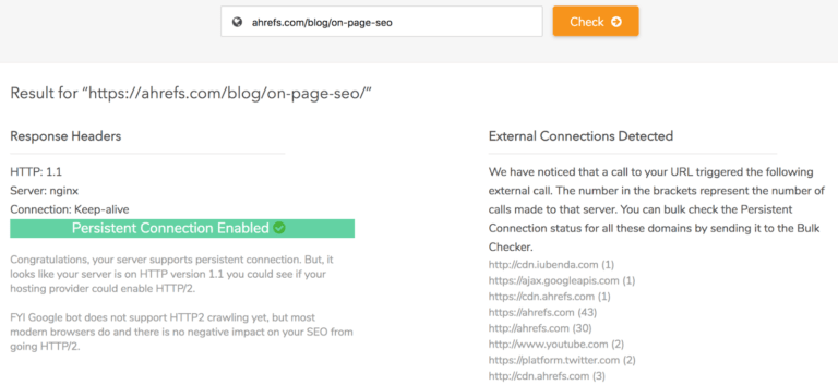 Keep-alive Validation SEO Tool zeigt persistente Verbindung und externe Verbindungen