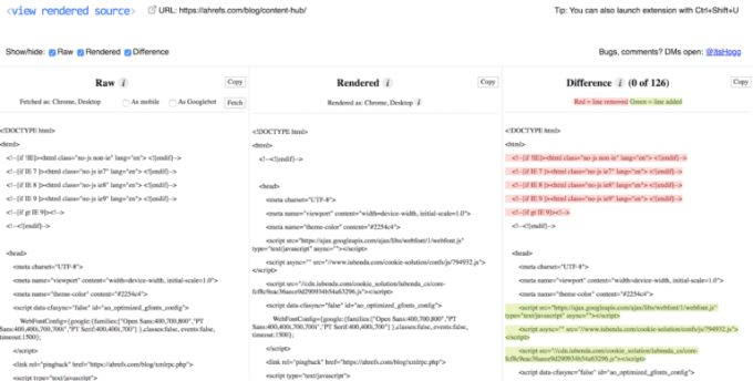 View Rendered Source vergleicht rohes, gerendertes HTML und JavaScript-Änderungen