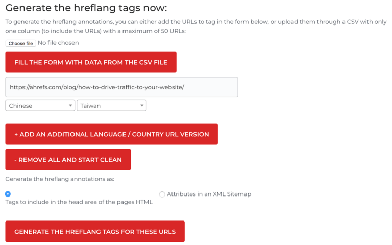 Hreflang Tag Generator mit URL-Feld, Sprach- und Länderauswahl sowie CSV-Upload