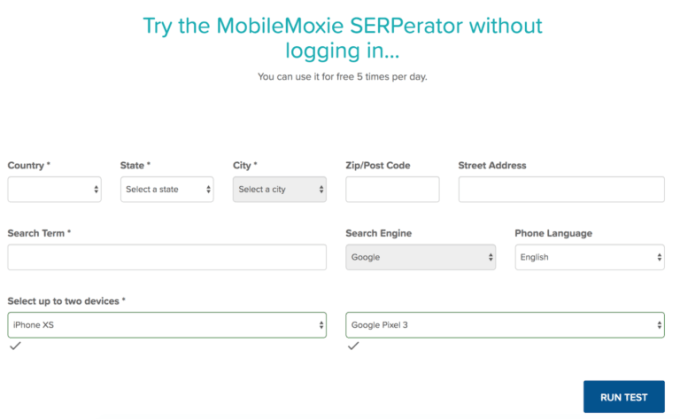 MobileMoxie SERPerator mit Standortfeldern, Suchbegriff und zwei ausgewählten Mobilgeräten